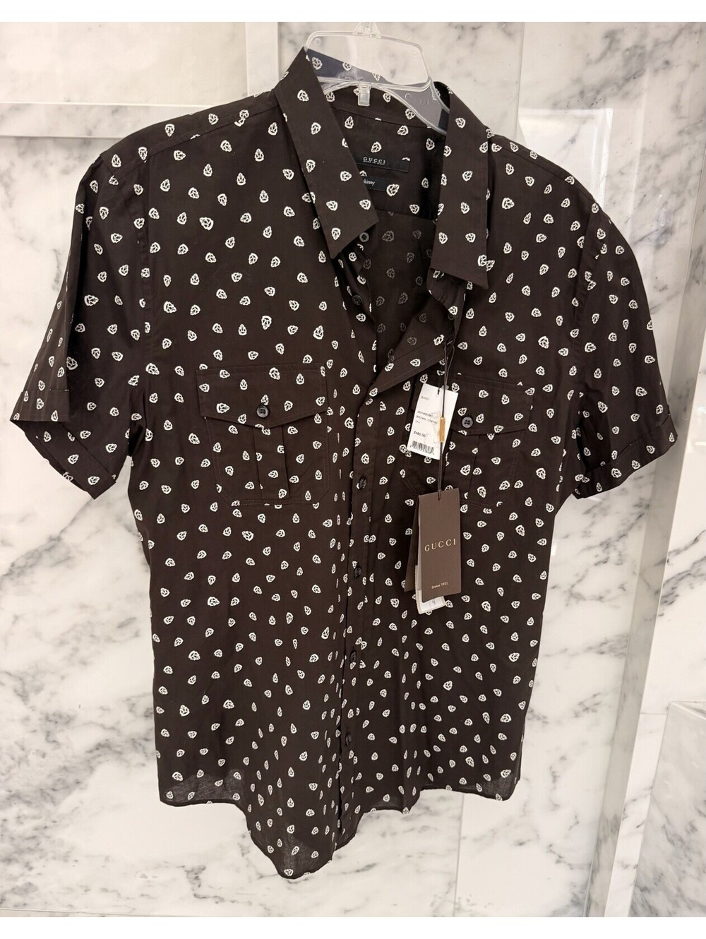 Gucci Men’s Skinny Fit Shirt 17.5 Brown Coffee Logo Print Cotton Italy NWT
